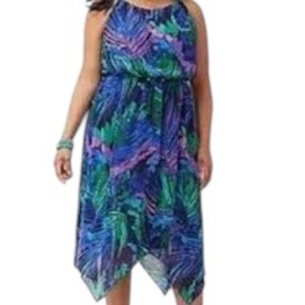 Lane Bryant Plus Size Blue Purple Tropical Print Asymmetrical Sleeveless Dress